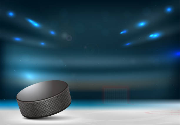 Ice hockey puck in hockey arena Ice hockey puck in hockey arena with goal, tribunes and lights in blurred background - vector illustration tribune tower stock illustrations