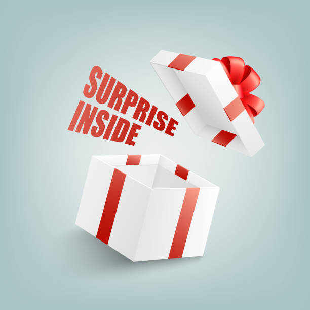 illustrazioni stock, clip art, cartoni animati e icone di tendenza di apri la confezione regalo bianca con nastro rosso e arco, copertina volante e firma surprise inside. - box cardboard box open opening