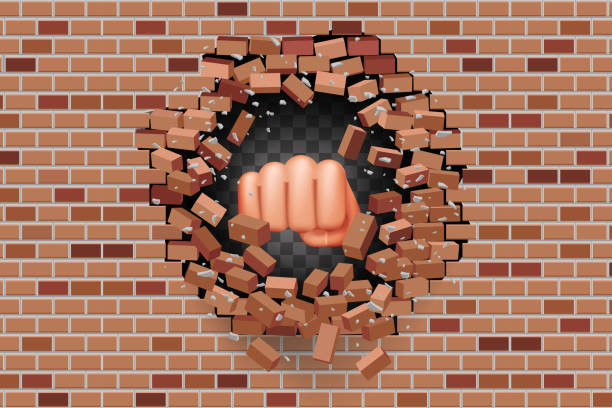istock Fist punches hole in wall power strength destruction red brick break template transparent background vector illustration 1147241528