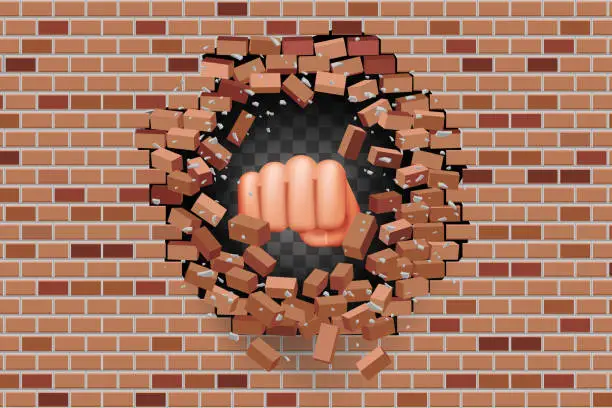 Vector illustration of Fist punches hole in wall power strength destruction red brick break template transparent background vector illustration