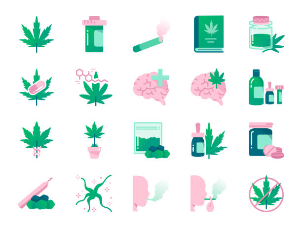 ilustrações de stock, clip art, desenhos animados e ícones de cannabidiol colors icon set. included icons as cbd, cannabis, treatment, weed, tobacco and more. - canábis narcótico