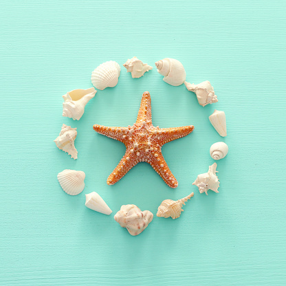 concepto de vacaciones y verano con estrellas de mar y conchas marinas sobre fondo de madera azul. Vista superior Flat Lay photo