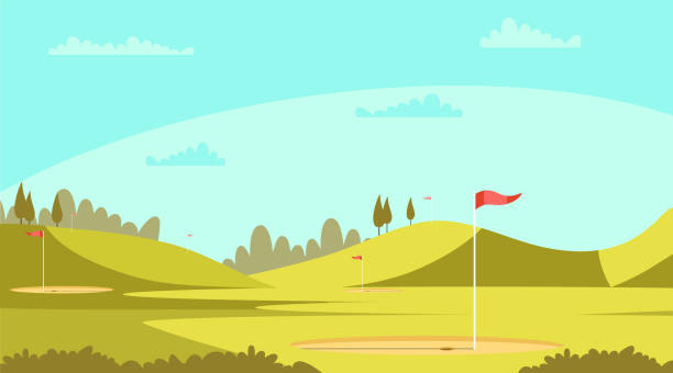 illustrazioni stock, clip art, cartoni animati e icone di tendenza di illustrazione vettoriale del campo da golf - golf landscape golf course tree