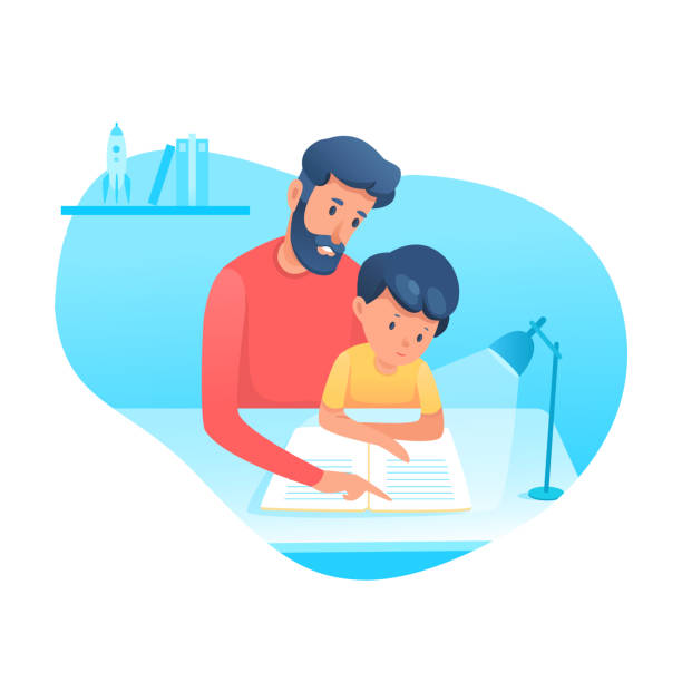 Dad helping son with homework flat illustration Dad helping son with homework flat illustration. Parenting, fatherhood vector illustration. Father educating kid isolated clipart. Family time. Parent teaching toddler reading design element father kid stock illustrations