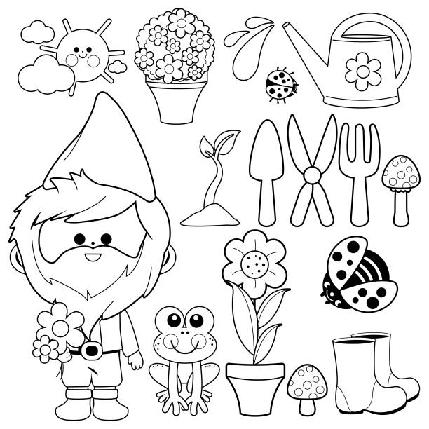 Gardening illustration collection with garden gnome. Vector black and white coloring book page Gardening illustration collection with garden gnome, flowers, plants and gardening equipment in springtime. Black and white coloring book page ladybird book stock illustrations