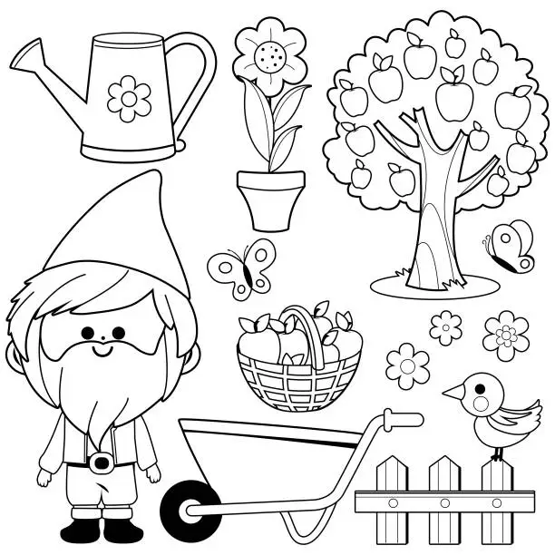 Vector illustration of Spring gardening illustration collection with garden gnome. Vector black and white coloring book page