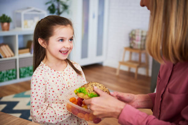 jeune maman donnant à sa fille le sandwich sain - child human hand sandwich lunch box photos et images de collection