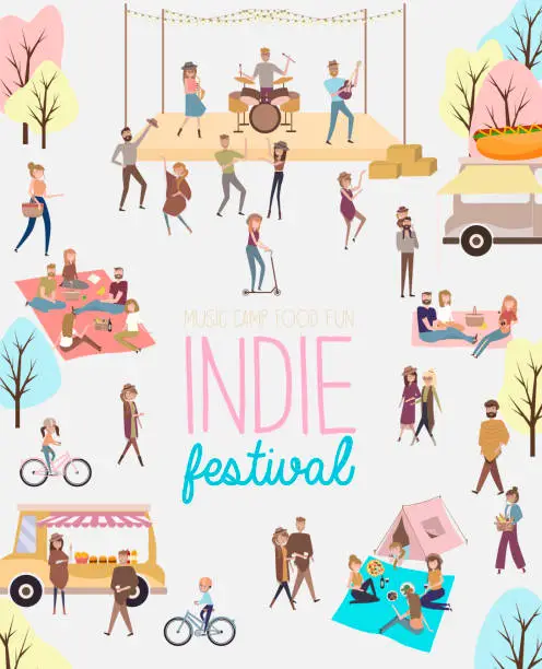 Vector illustration of Indie festival poster with people walking, buying meals, talking to each other, fun and dance, watch the performance