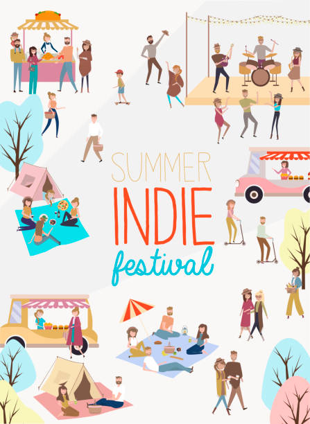 Indie festival poster with people walking, buying meals, talking to each other, fun and dance, watch the performance Indie festival poster with people walking, buying meals, talking to each other, fun and dance, watch the performance, cartoon flat design. Editable vector illustration block party stock illustrations