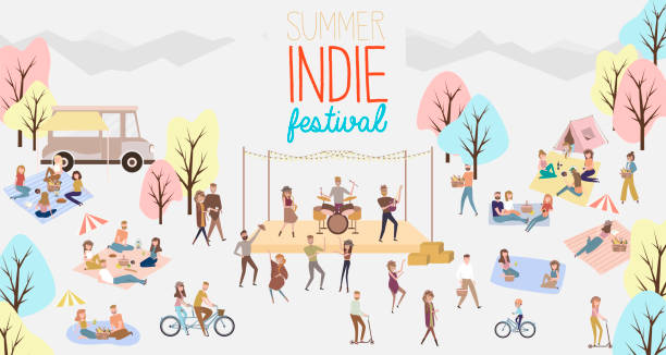 indie-festivalplakat mit menschen, die spazieren gehen, essen kaufen, miteinander reden, spaß und tanz machen, die aufführung beobachten - urban scene small city banner stock-grafiken, -clipart, -cartoons und -symbole