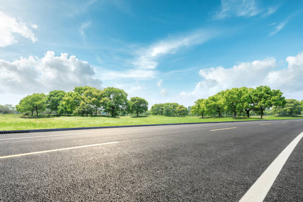 田舎道と緑の森自然景観 - country road ストックフォトと画像