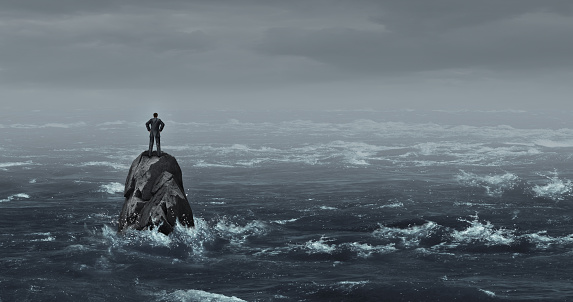 Business despair concept as a stranded businessman lost at sea standing on an isolated rock as a corporate idea for financial crisis or being lost and needing career or financial help to escape in a 3D illustration style.