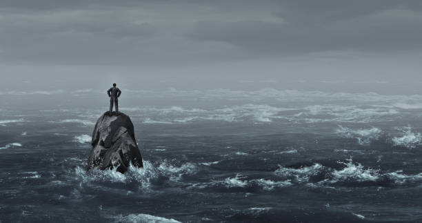 Business Despair Business despair concept as a stranded businessman lost at sea standing on an isolated rock as a corporate idea for financial crisis or being lost and needing career or financial help to escape in a 3D illustration style. trapped stock pictures, royalty-free photos & images