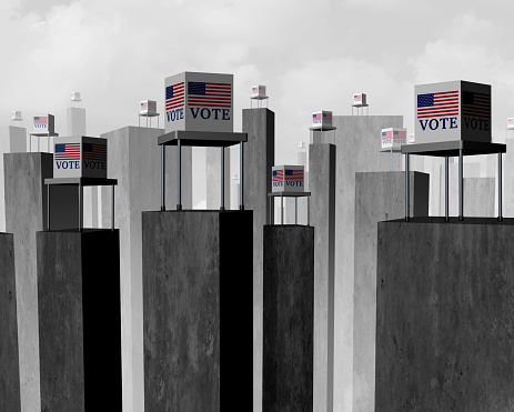 Vote suppression and suppressed voter election concept as a difficult access to the ballot box representing disenfranchised electorat as a 3D illustration.