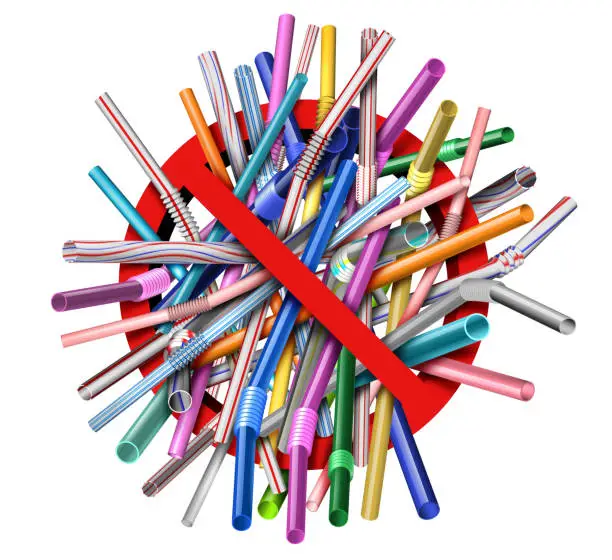 Plastic straws ban as a pollution recycling of plastics and eliminating garbage as a restaurant straw environmental concept as a 3D illustration.