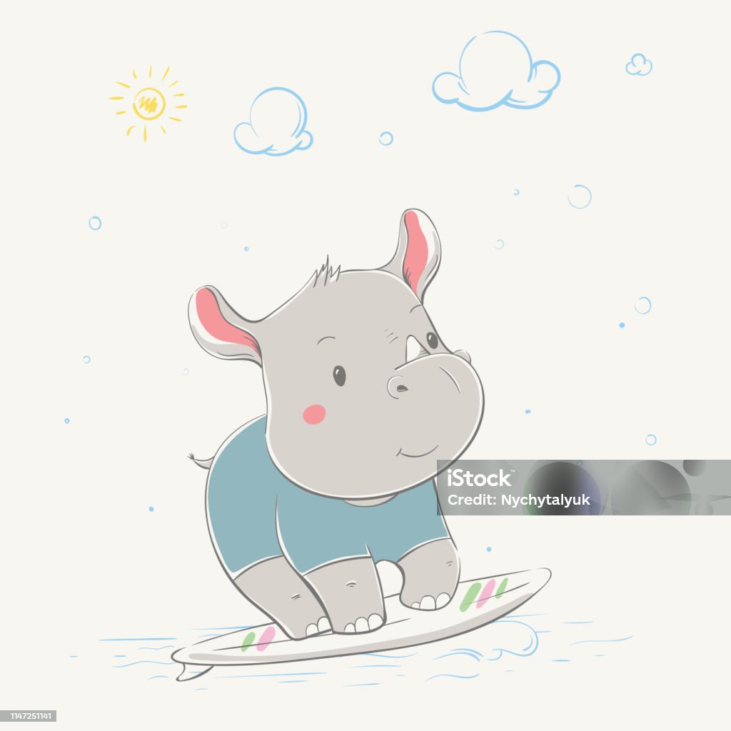 Lovely cute rhino rides on the surfboard with the green and pink stripes. Young rhino dressed in the wetsuit or the swimsuit. Lovely cute rhino rides on the surfboard with the green and pink stripes. Young rhino dressed in the wetsuit or the swimsuit. Summer series of children's card with cartoon style animal. Easy vector illustration Animal stock vector