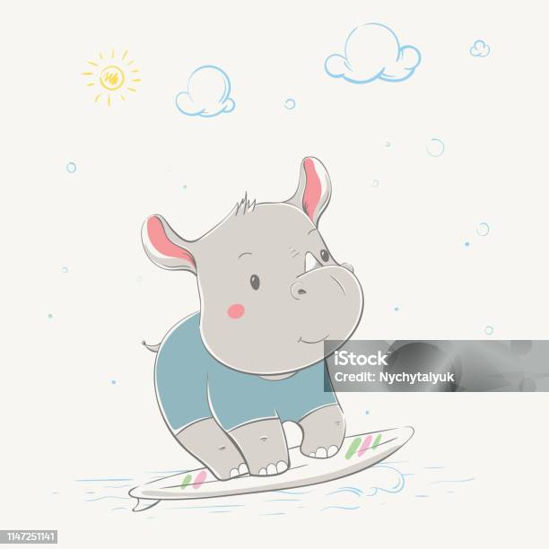 Lovely Cute Rhino Rides On The Surfboard With The Green And Pink Stripes Young Rhino Dressed In The Wetsuit Or The Swimsuit Stock Illustration - Download Image Now