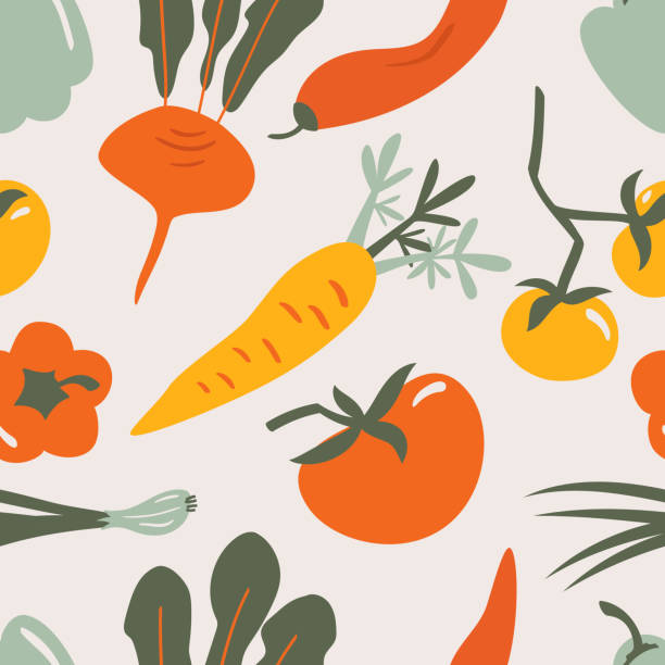 illustrazioni stock, clip art, cartoni animati e icone di tendenza di modello vettoriale senza cuciture di verdure alimentari - carrot seamless food vegetable