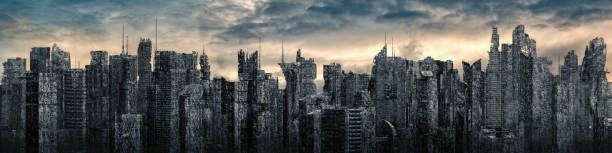 Science fiction city dystopia panorama 3D illustration of futuristic post apocalyptic sci-fi city ruins under bright sky dystopia concept stock pictures, royalty-free photos & images