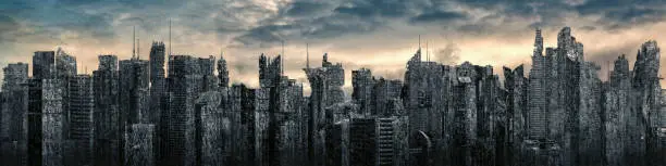 3D illustration of futuristic post apocalyptic sci-fi city ruins under bright sky