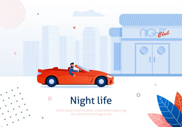 мультфильм человек вождение кабриолет автомобиля в ночной клуб. - car speed lifestyles night stock illustrations