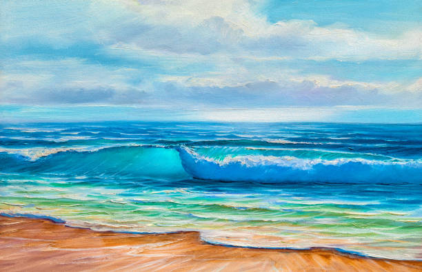 oryginalny obraz olejny morza i plaży na płótnie. - backgrounds bay beach beauty in nature stock illustrations