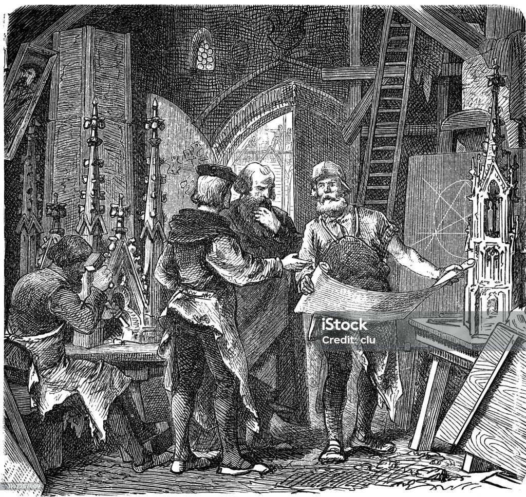 Building hut in the Middle Ages, discussion of architects Illustration from 19th century Ancient stock illustration