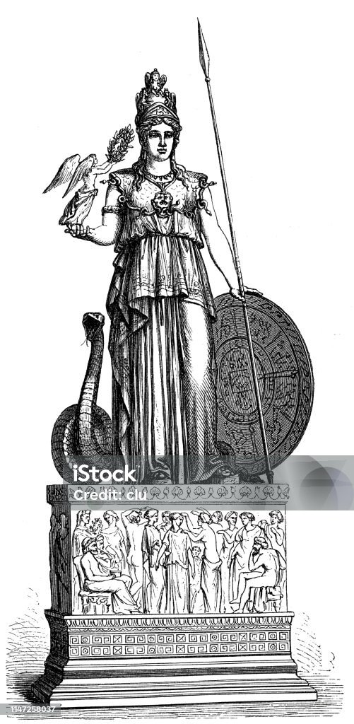 Pallas Athene statue with snake Illustration from 19th century Athena - Greek Goddess stock illustration
