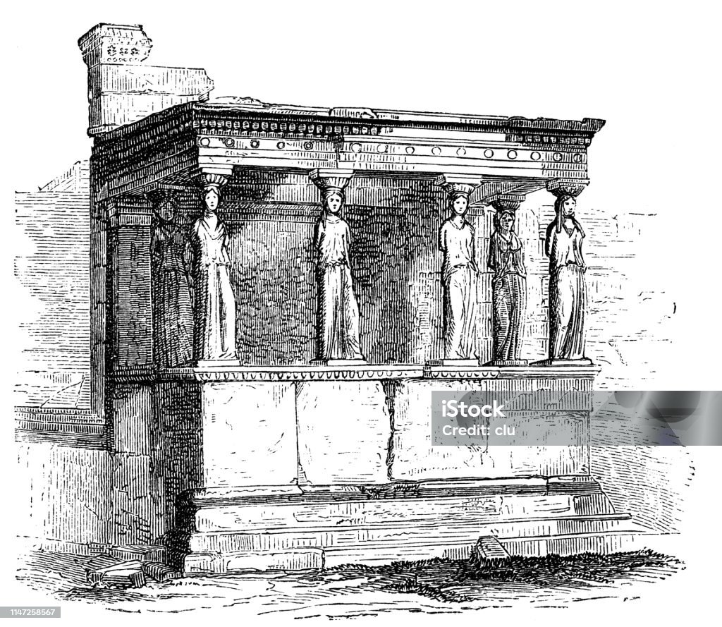 Part of the Erechtheum temple Illustration from 19th century 19th Century stock illustration