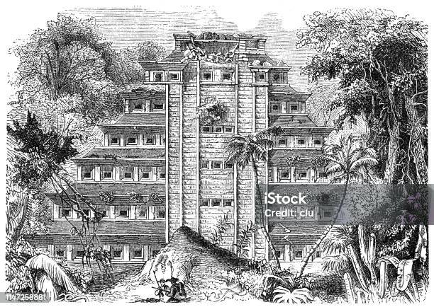 Temple In Palenque Stock Illustration - Download Image Now - Illustration, Line Art, Mexico