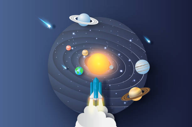 illustrazioni stock, clip art, cartoni animati e icone di tendenza di illustrazione 3d dell'onda curva astratta con lancio del razzo startup per il cerchio del sistema solare. lo spazio delle galassie esplora con il concetto di satellite e pianeti sul vettore di sfondo notturno scuro. artigianato di carta e taglio. - mercury rocket