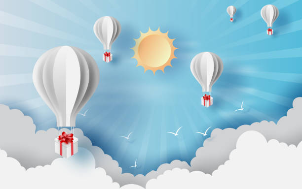 istock Paper cut and craft of Background with clouds on blue sky.Landscape for sunlight on cloudscape.Summer season Hot concept.Summer time by balloons giftbox floating.design paper art.vector.illustration. 1147260308