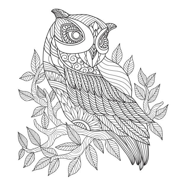 Hand drawn illustration of owl in style Hand drawn sketch illustration for adult coloring book vector was made in eps 10. background of a owl black and white stock illustrations