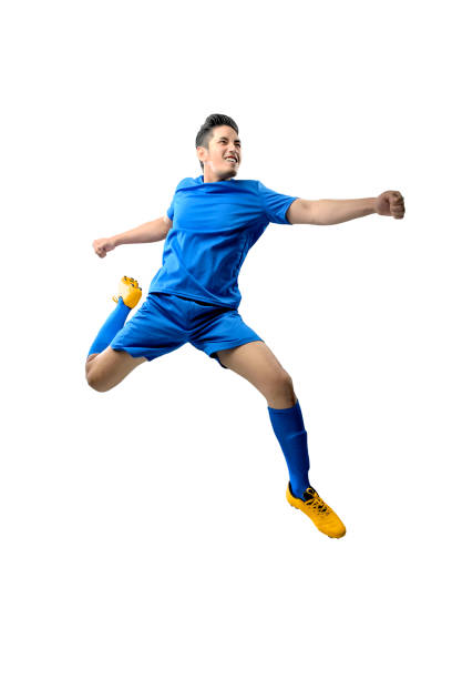 亞洲足球運動員的肖像在藍色球衣與踢球位置 - indonesia football 個照片及圖片檔
