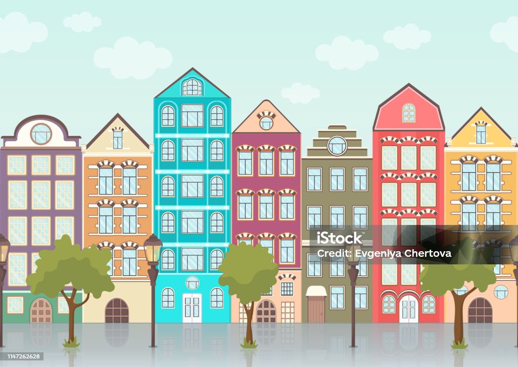 Street with colorful houses, trees and lanterns, seamless border, urban landscape, old city background. Multicolored European houses in row with blue sky and clouds, flat drawing, vector Street with colorful houses, trees and lanterns, seamless border, urban landscape, old city background. Multicolored European houses in row with blue sky and clouds, flat drawing, vector illustration Architecture stock vector