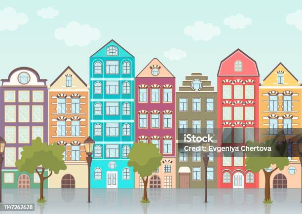 Street With Colorful Houses Trees And Lanterns Seamless Border Urban Landscape Old City Background Multicolored European Houses In Row With Blue Sky And Clouds Flat Drawing Vector Stock Illustration - Download Image Now