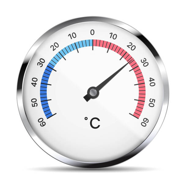 istock Realistic illustration of a white circular metal thermometer with reflections, gray hand and numbers. Isolated on white - vector 1147266531