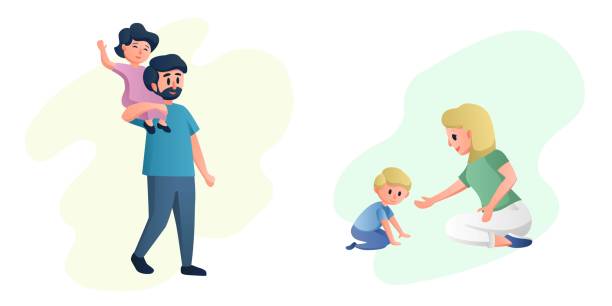 Happy mother and father playing with their children. Young happy family cartoon characters vector illustration Happy mother and father playing with their children. Young happy family cartoon characters vector illustration my stepmom stock illustrations