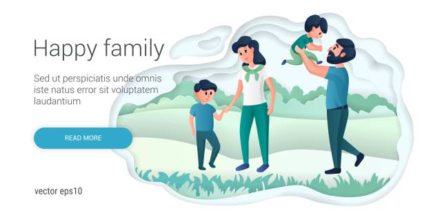 Happy family, mother and father playing with their children. Young parents, healthy couple and their children cartoon characters. Adoption paper art style vector illustration. Happy family, mother and father playing with their children. Young parents, healthy couple and their children cartoon characters. Adoption paper art style vector illustration. my stepmom stock illustrations