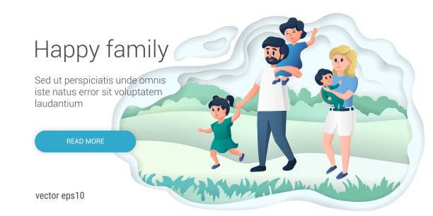 Happy family, mother and father playing with their children. Young parents, healthy couple and their children cartoon characters. Adoption paper art style vector illustration. Happy family, mother and father playing with their children. Young parents, healthy couple and their children cartoon characters. Adoption paper art style vector illustration. my stepmom stock illustrations