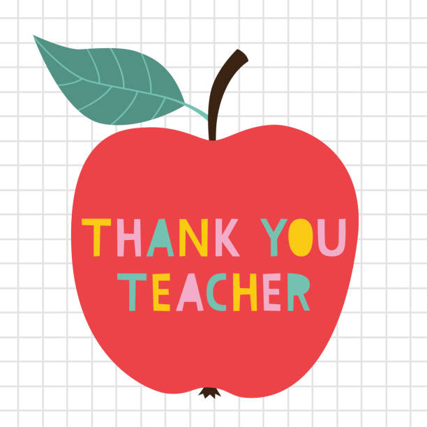 ilustraciones, imágenes clip art, dibujos animados e iconos de stock de gracias tarjeta vectorial día del maestro con una manzana - teacher