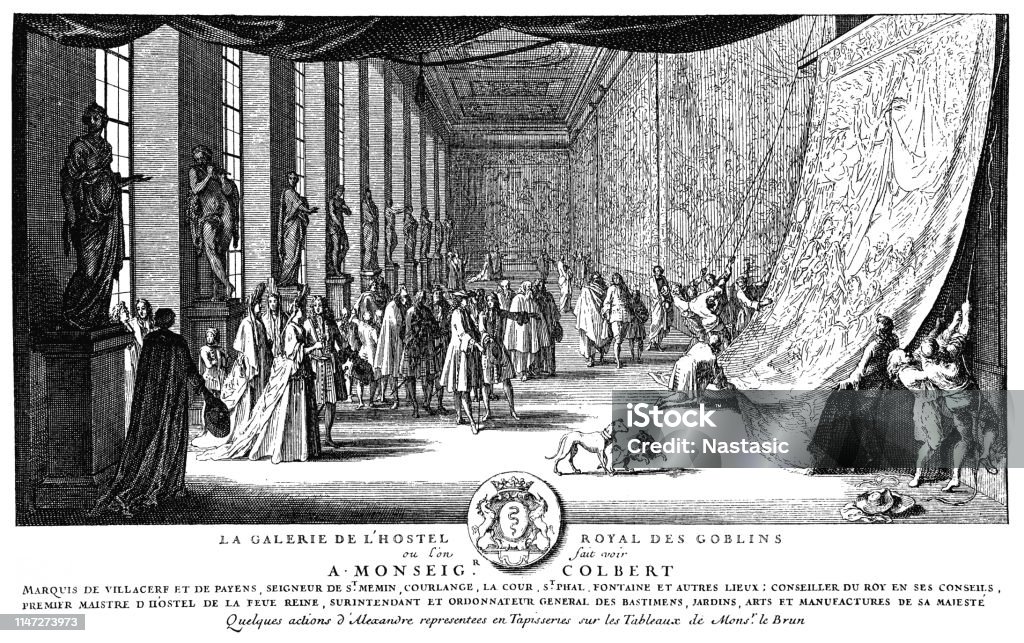 Gallery inside the Hôtel des Gobelins, adorned with statues at left and tapestries at right; at centre, Edouard Colbert, surrounded by courtiers, is being shown the tapestries, designed by Charles Le Brun, representing the story of Alexander the Great Illustration of a Gallery inside the Hôtel des Gobelins, adorned with statues at left and tapestries at right; at centre, Edouard Colbert, surrounded by courtiers, is being shown the tapestries, designed by Charles Le Brun, representing the story of Alexander the Great; Colbert's coat of arms in lower margin. Alexander the Great stock illustration