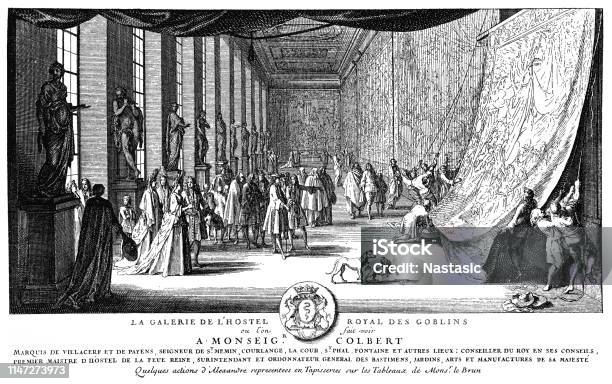 Gallery Inside The Hôtel Des Gobelins Adorned With Statues At Left And Tapestries At Right At Centre Edouard Colbert Surrounded By Courtiers Is Being Shown The Tapestries Designed By Charles Le Brun Representing The Story Of Alexander The Great Stock Illustration - Download Image Now