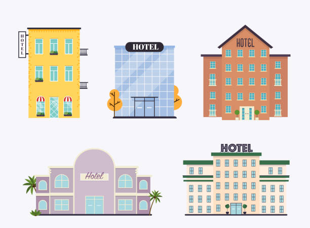 호텔 외관의 집합입니다. 시장 비즈니스 웹 발행물 및 그래픽 디자인에 이상적입니다. 평면 스타일 벡터 일러스트입니다. - hotel tourist resort city life urban scene stock illustrations