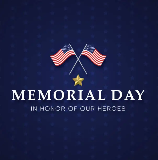 Vector illustration of Memorial day. Blue greeting card with USA flags.