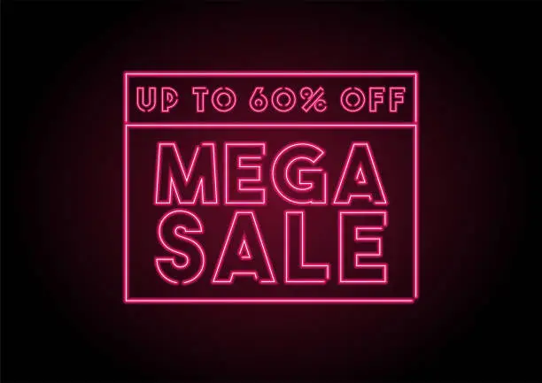 Vector illustration of Up To 60% Off Mega Sale Red Neon Light On Black Wall