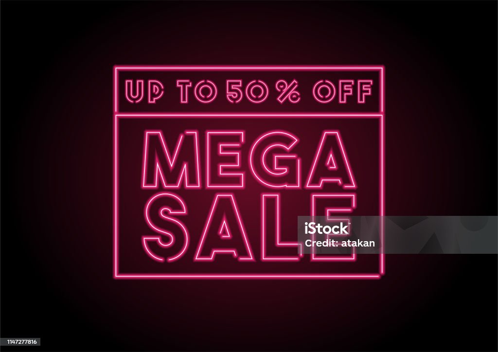 Up To 50% Off Mega Sale Red Neon Light On Black Wall Neon Colored stock vector