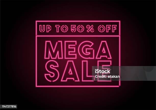 Up To 50 Off Mega Sale Red Neon Light On Black Wall Stock Illustration - Download Image Now