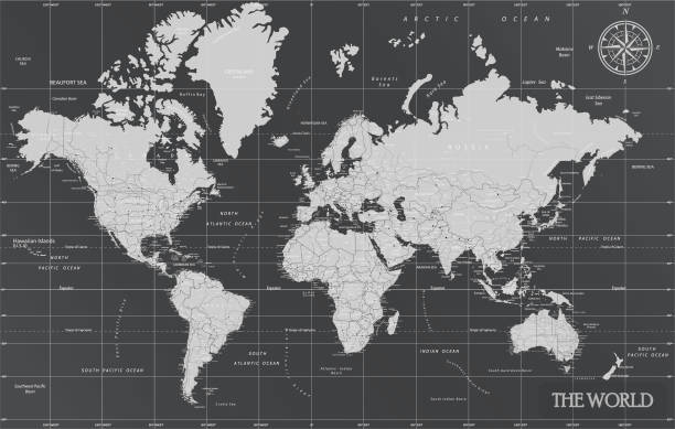 мир минимальная карта с темными цветами. - globe politics topography world map stock illustrations