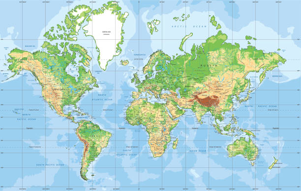 Carte Du Monde Physique Dans La Projection Mercator Vecteurs